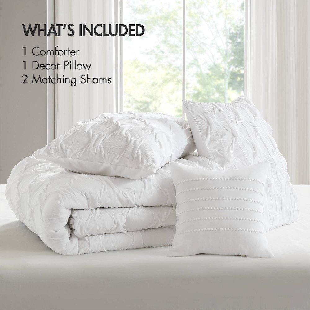 Start2Finish Bailey Diamond Pucker Woven Comforter Set in white, featuring textured diamond pattern for a cozy bedroom look.