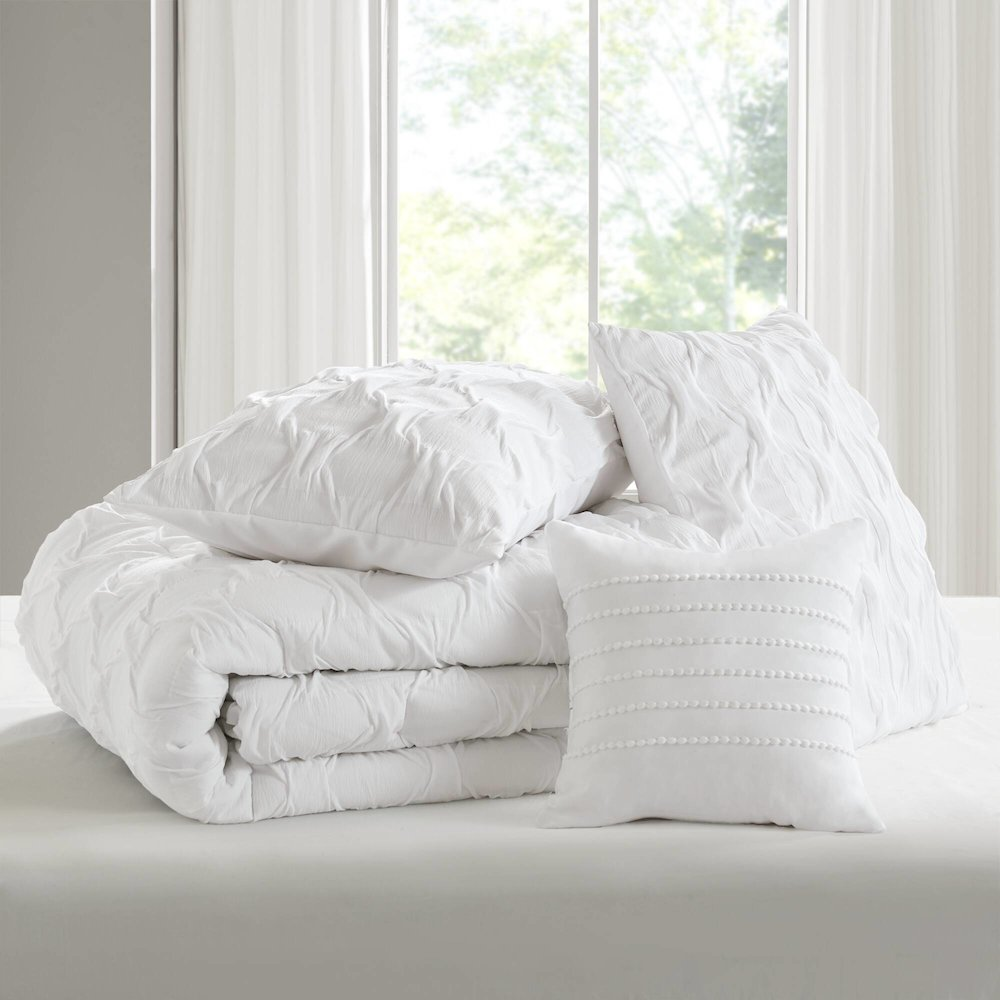 Start2Finish Bailey Diamond Pucker Woven Comforter Set in white, showcasing textured woven fabric with diamond pattern details.