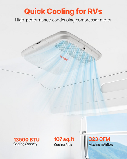 Start2Finish VEVOR 13500 BTU RV air conditioner with air distribution box, operation panel, and installation hardware in white.
