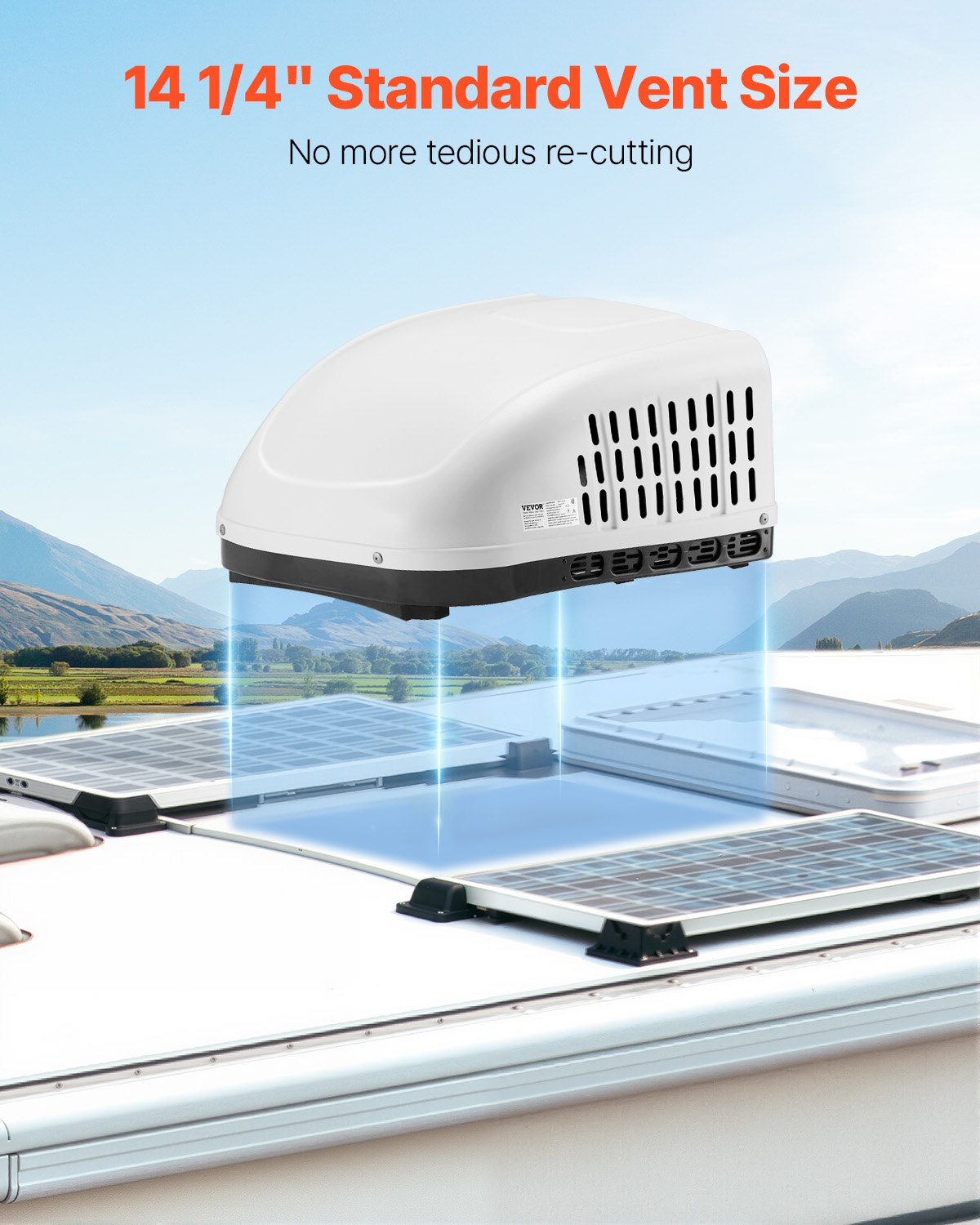 Start2Finish VEVOR RV Air Conditioner 13500 BTU rooftop unit with air distribution box, operation panel, and installation hardware in white