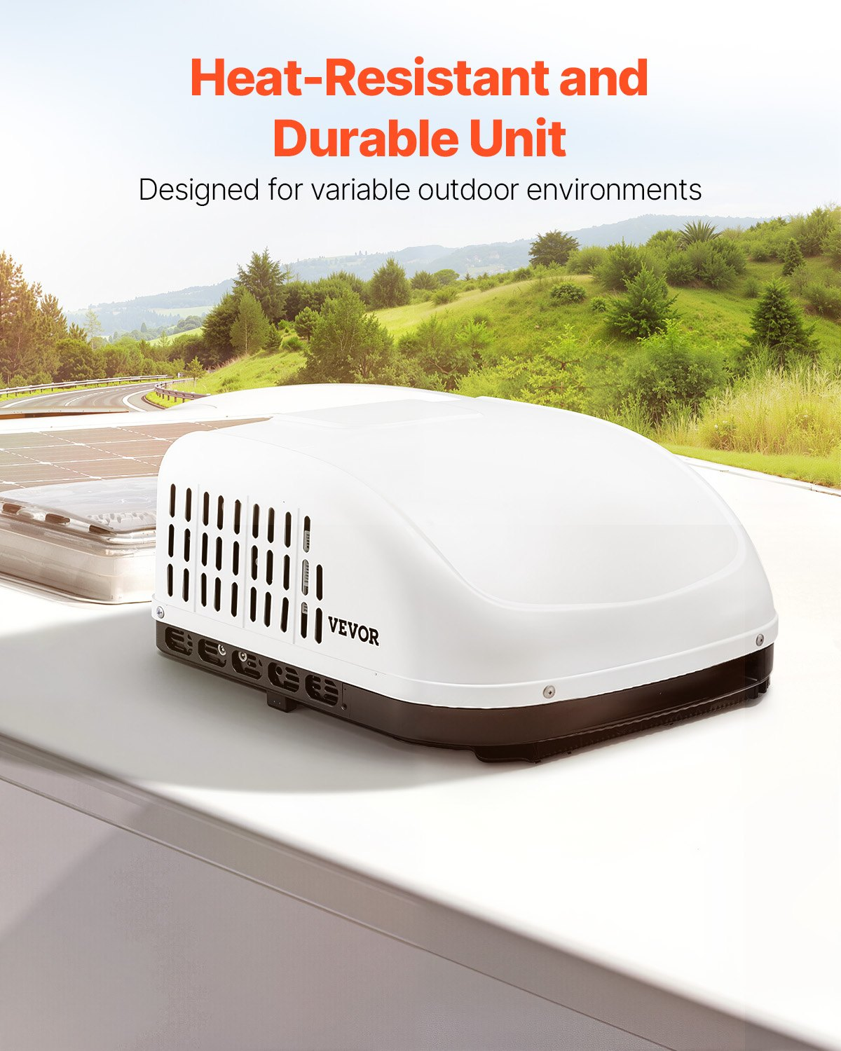 Start2Finish VEVOR RV air conditioner 13500 BTU rooftop unit with air distribution box, operation panel, and installation hardware in white.