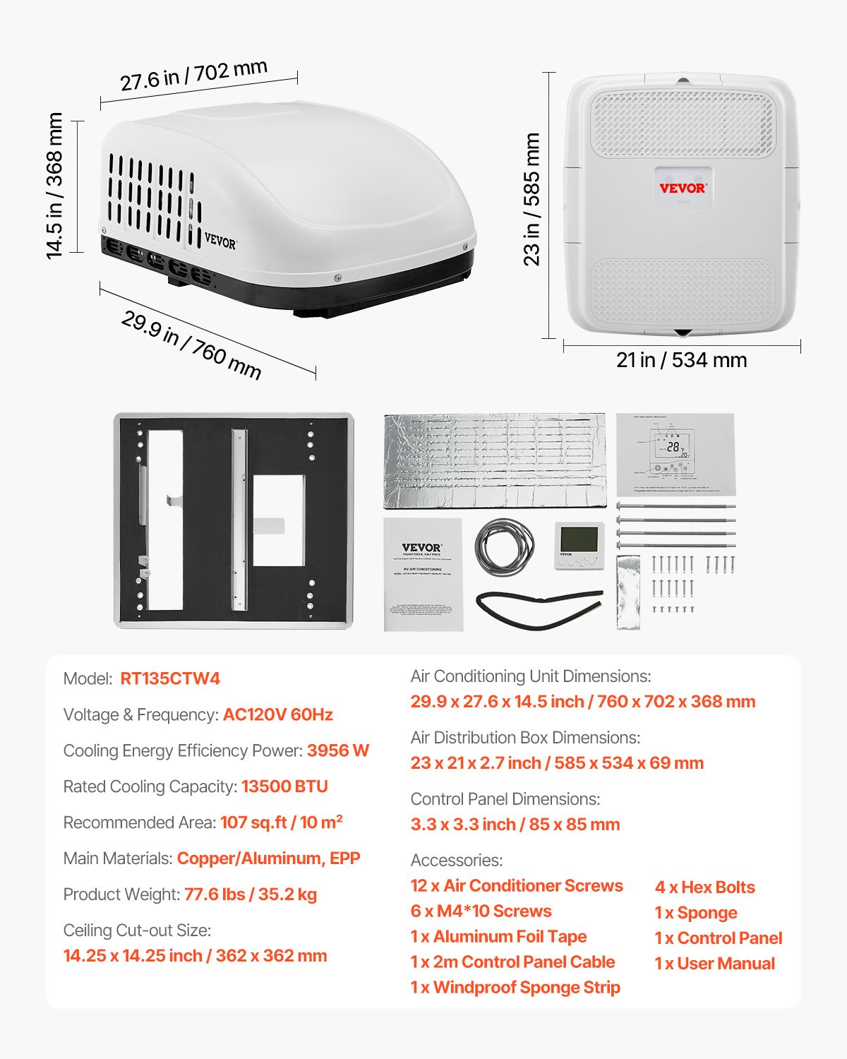 Start2Finish VEVOR RV air conditioner, 13500 BTU non-ducted rooftop unit with operation panel and installation hardware, white.