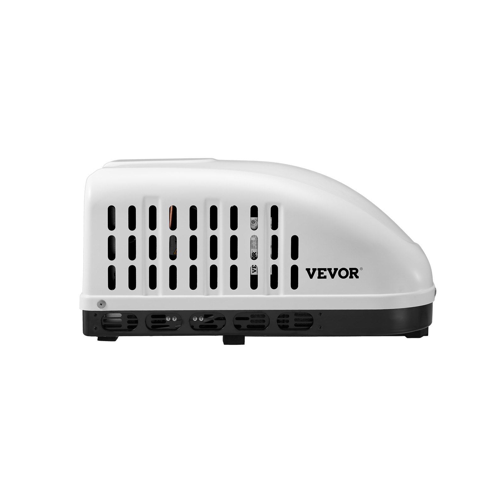 Start2Finish VEVOR 13500 BTU RV air conditioner with air distribution box, operation panel, and installation hardware in white.