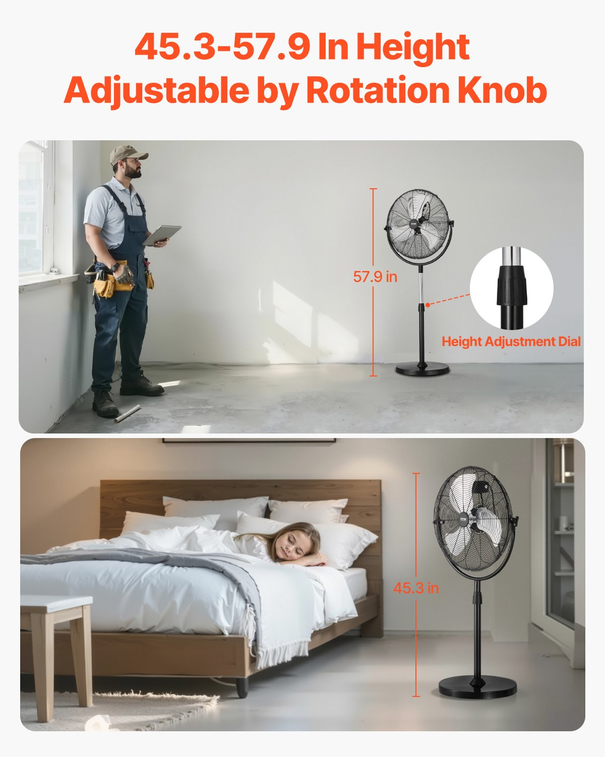 Start2Finish VEVOR 18-inch industrial pedestal fan with adjustable height, three-speed settings, black finish, ideal for warehouse or garage use.