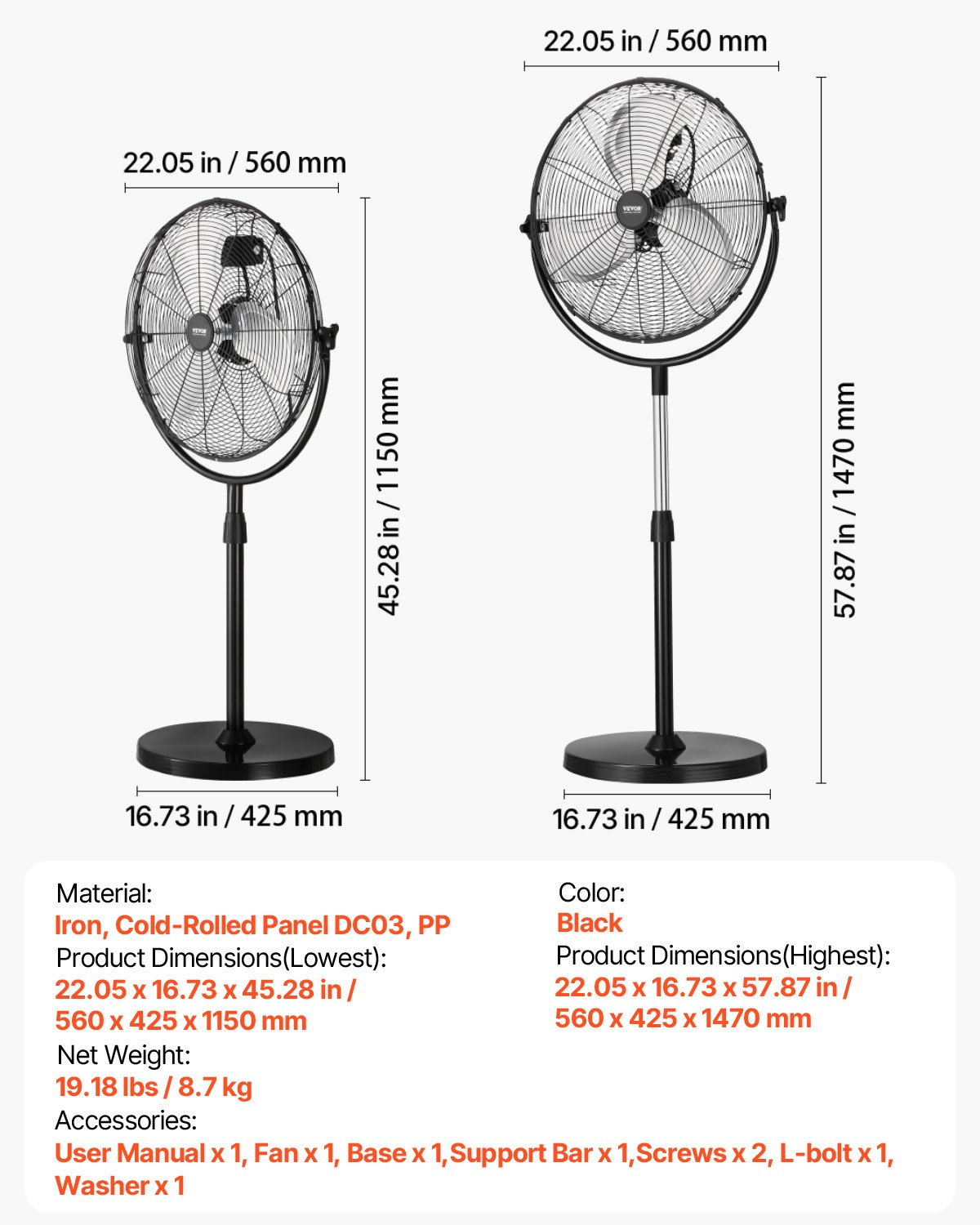 Start2Finish VEVOR 18-inch industrial pedestal fan with adjustable height, black standing fan with three speed settings.