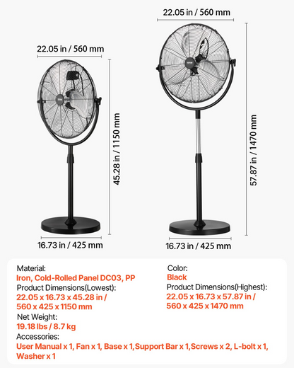 Start2Finish VEVOR 18-inch industrial pedestal fan with adjustable height, black standing fan with three speed settings.