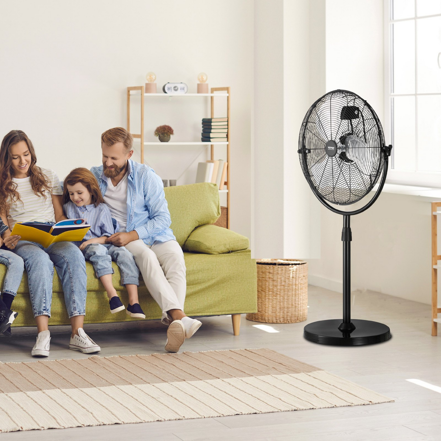 Start2Finish VEVOR 18-inch industrial pedestal fan with adjustable height, three speeds, black standing fan for warehouse or garage use.