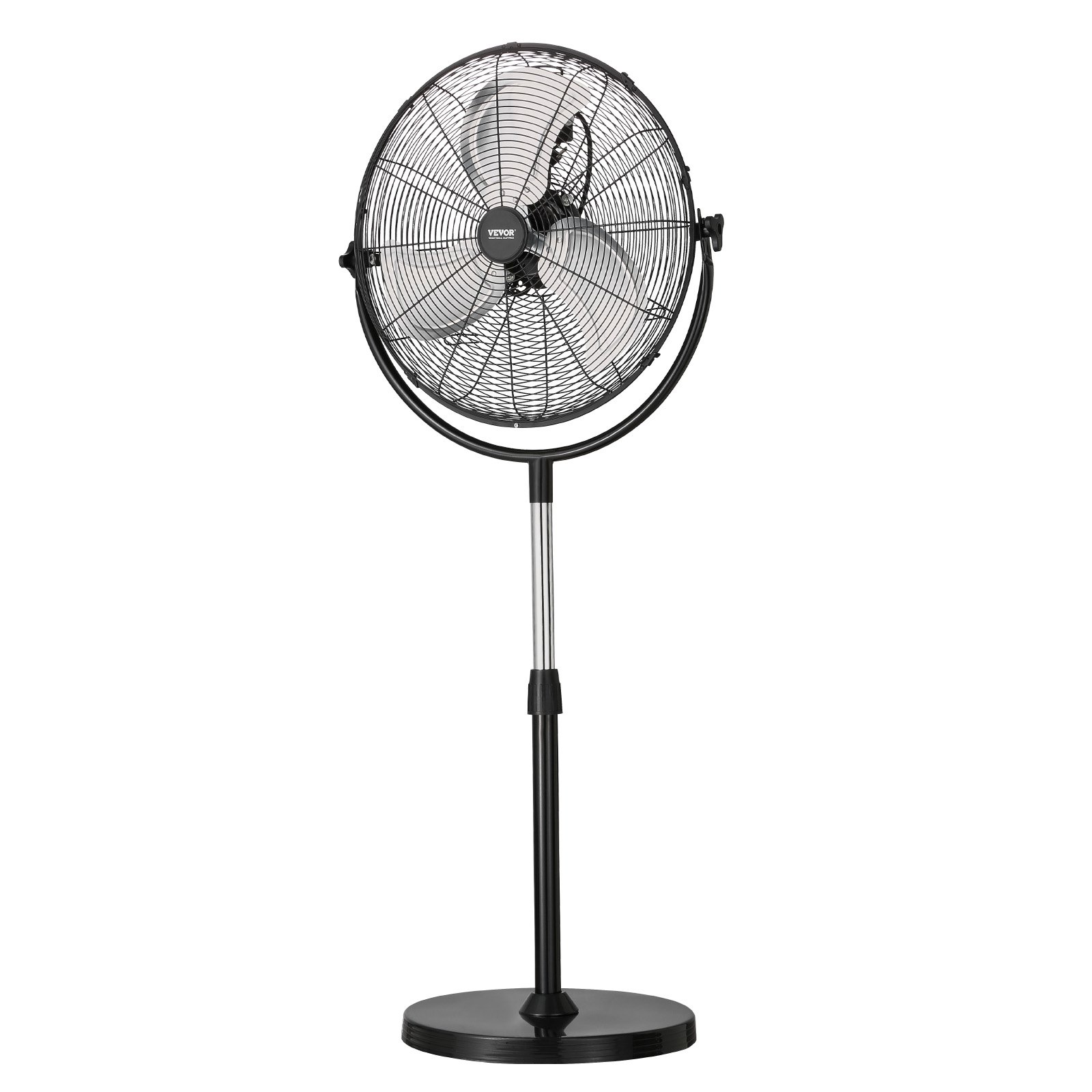 Start2Finish VEVOR 18-inch industrial pedestal fan with adjustable height, three speed settings, black standing floor fan for warehouse or garage