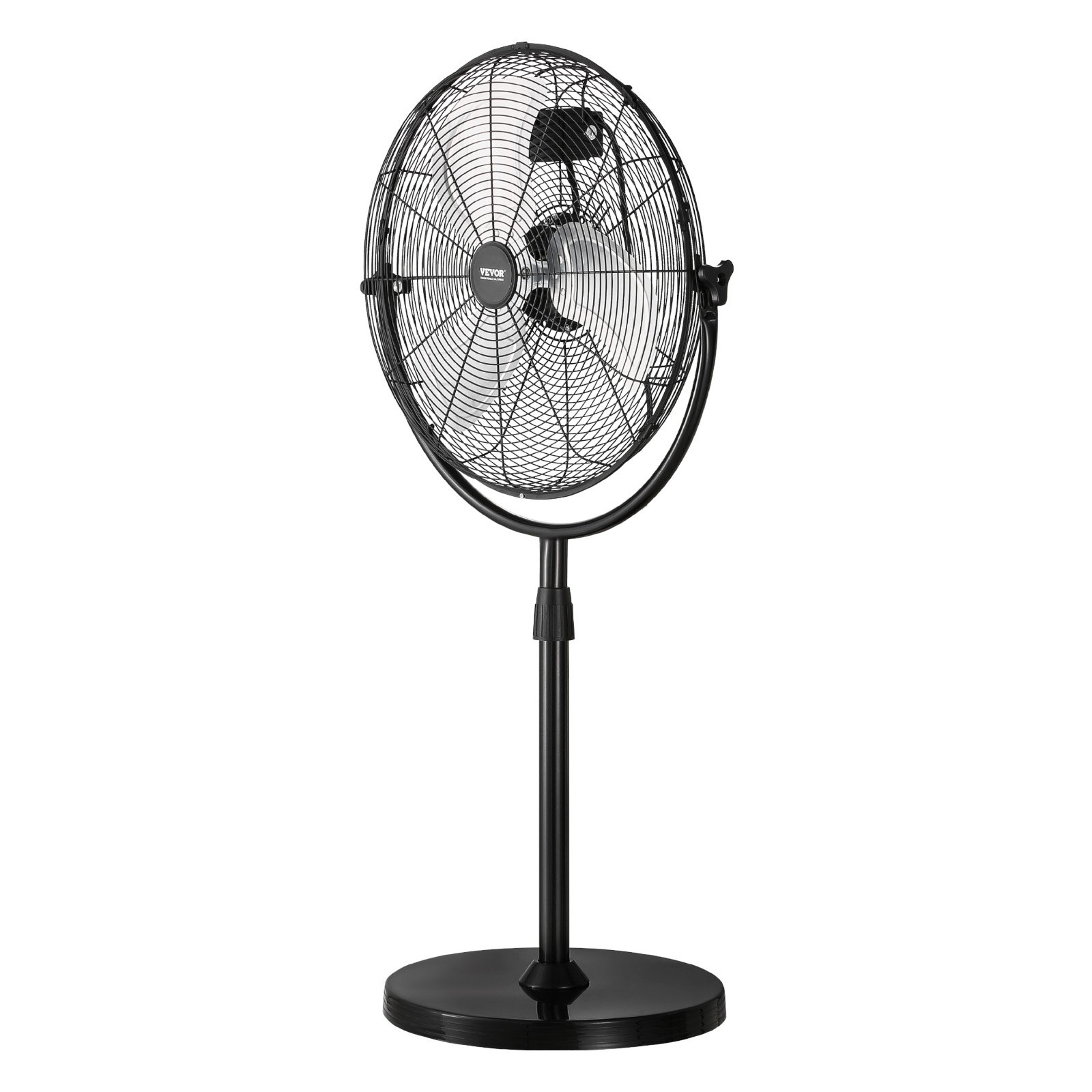 Start2Finish VEVOR 18-inch industrial pedestal fan with adjustable height, three speeds, black standing fan for warehouse or garage use.
