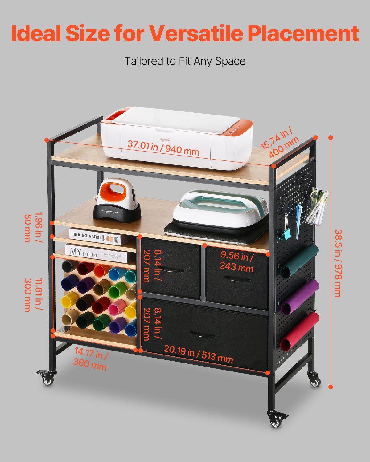 Start2Finish VEVOR rolling craft cart with 20 vinyl roll holders, 3 drawers, black craft storage table for Cricut machines and organization.