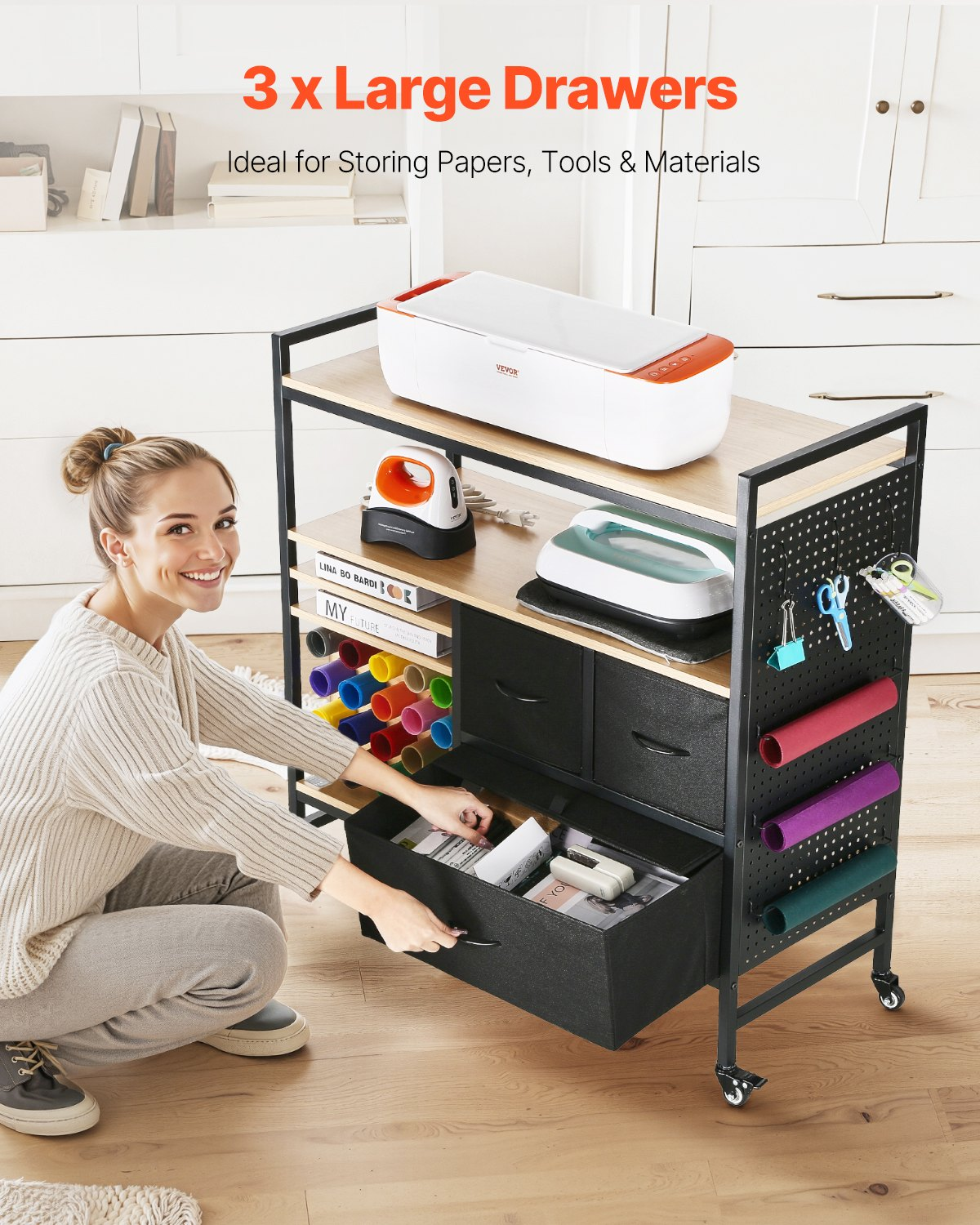 Start2Finish VEVOR rolling craft cart with vinyl roll holders and drawers, black crafting station for Cricut and craft organization