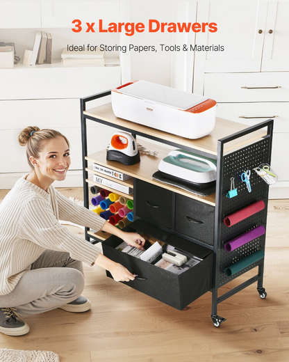 Start2Finish VEVOR rolling craft cart with vinyl roll holders and drawers, black crafting station for Cricut and craft organization