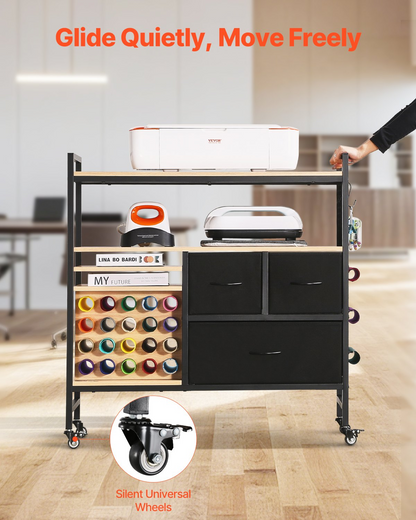 Start2Finish VEVOR craft cart with black rolling storage, 20 vinyl roll holders, 3 drawers, and workspace for Cricut and crafting projects.
