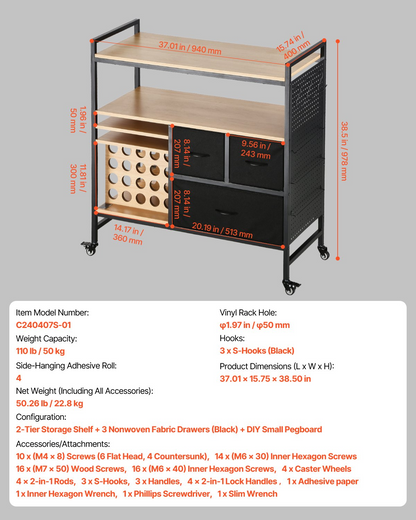 Start2Finish VEVOR rolling craft cart with 20 vinyl roll holders, three drawers, black craft storage workstation for Cricut machines