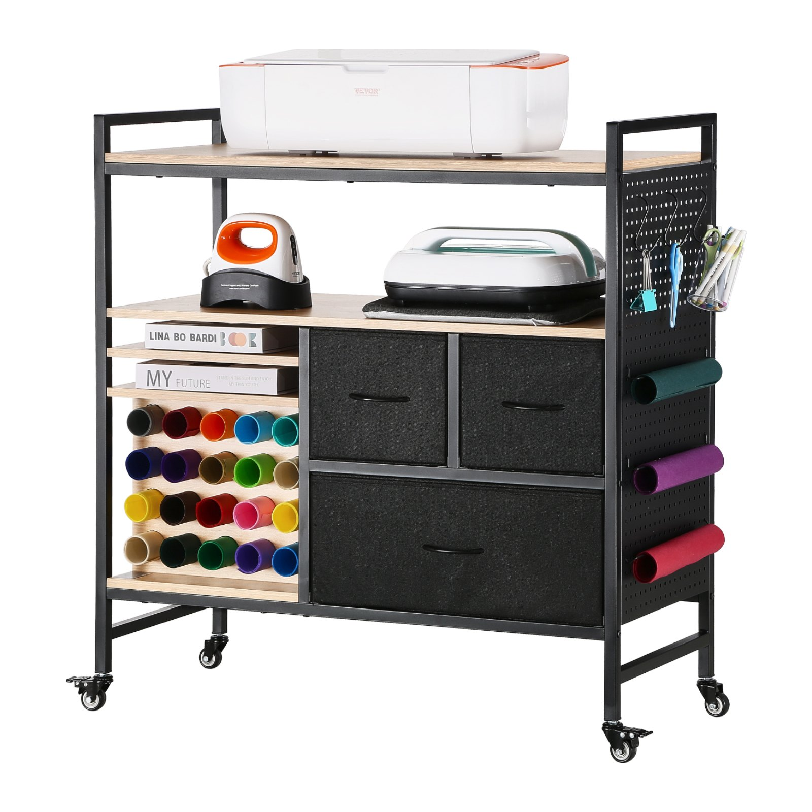 Start2Finish VEVOR rolling craft cart with 20 vinyl roll holders, 3 drawers, black crafting table, ideal for Cricut machine organization.