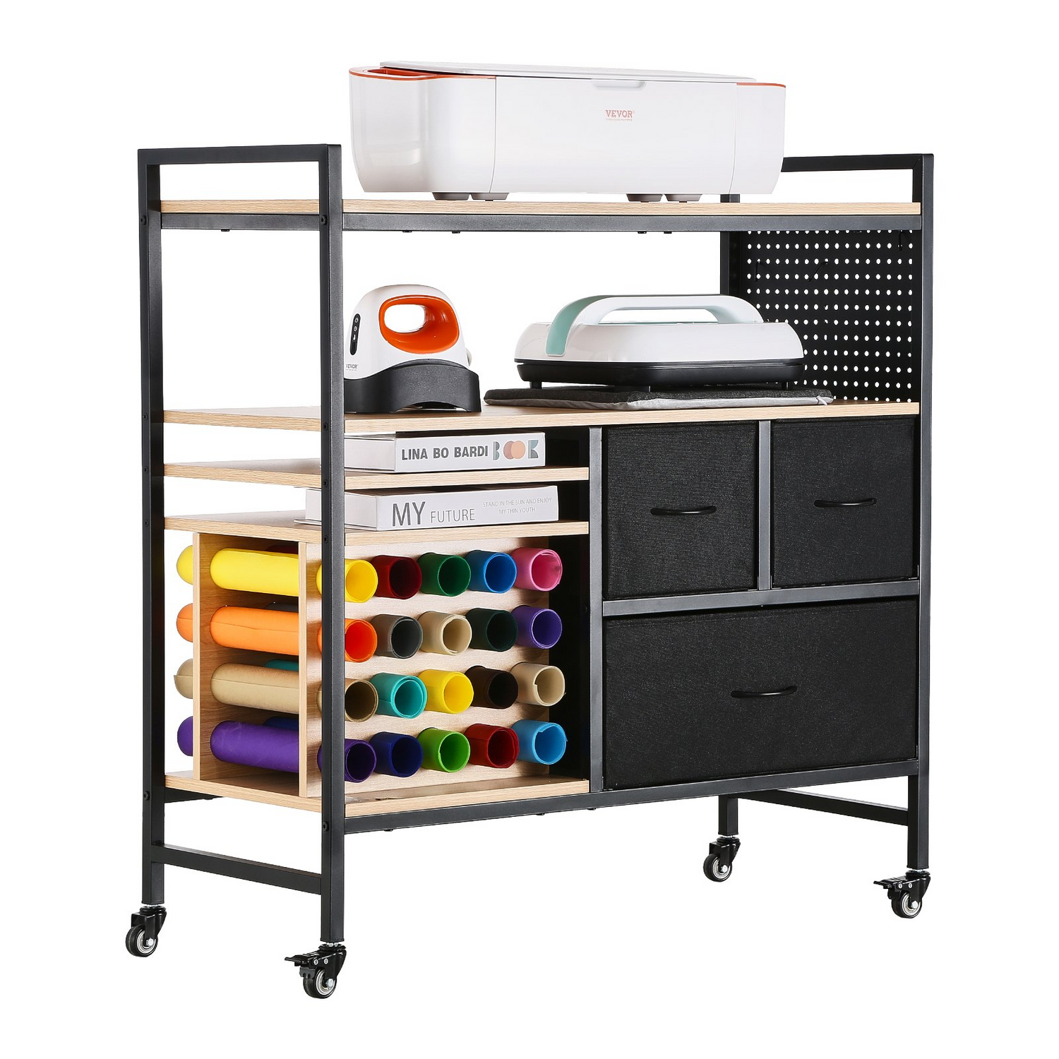 Start2Finish VEVOR rolling craft cart with black finish, 20 vinyl roll holders, 3 drawers, and workspace for Cricut and craft organization