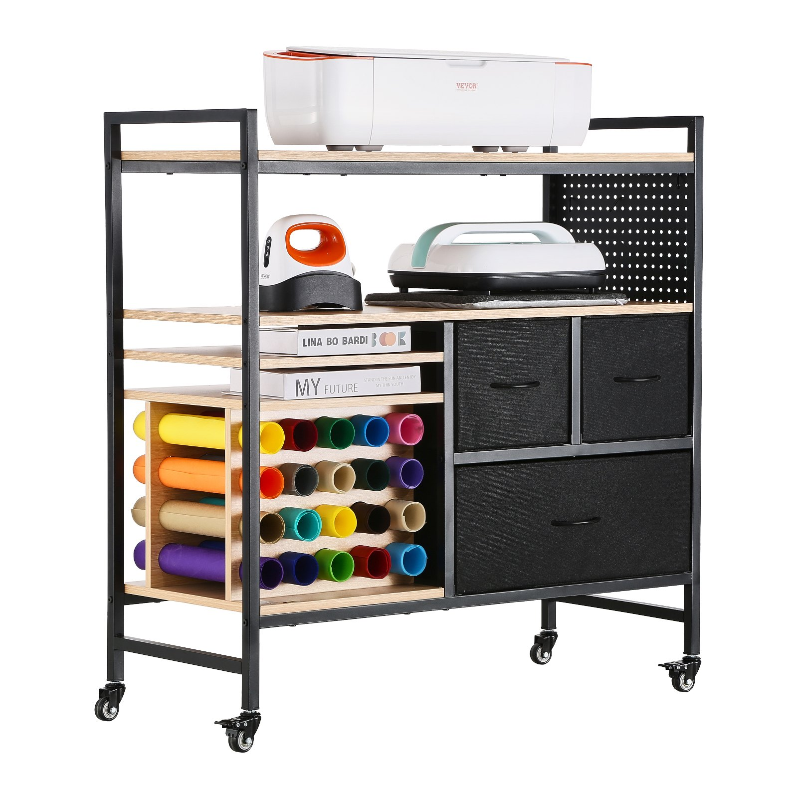 Start2Finish VEVOR rolling craft cart with black finish, 20 vinyl roll holders, 3 drawers, and workspace for Cricut and craft organization