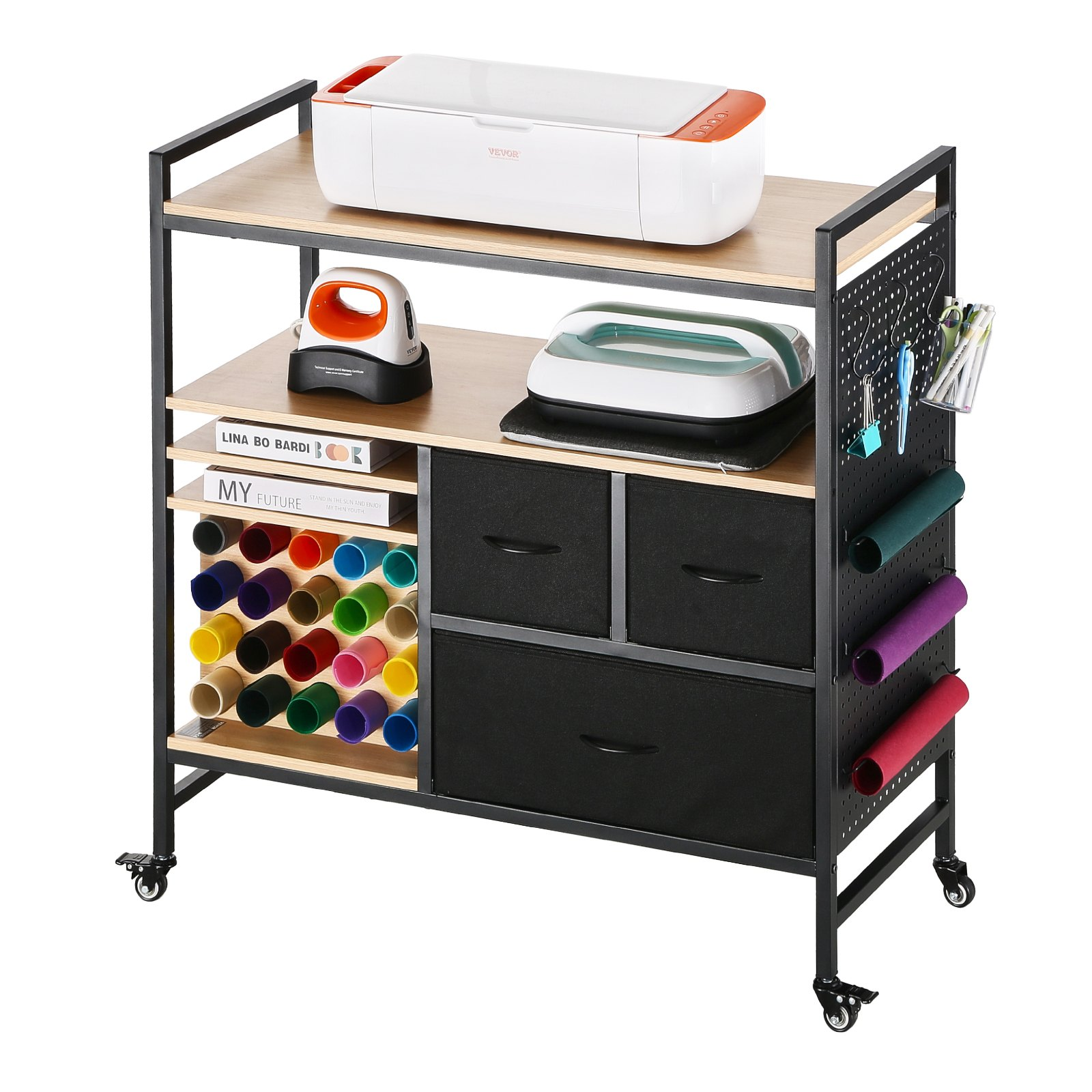 Start2Finish VEVOR rolling craft cart with black finish, 20 vinyl roll holders, 3 drawers, and space for Cricut machines.