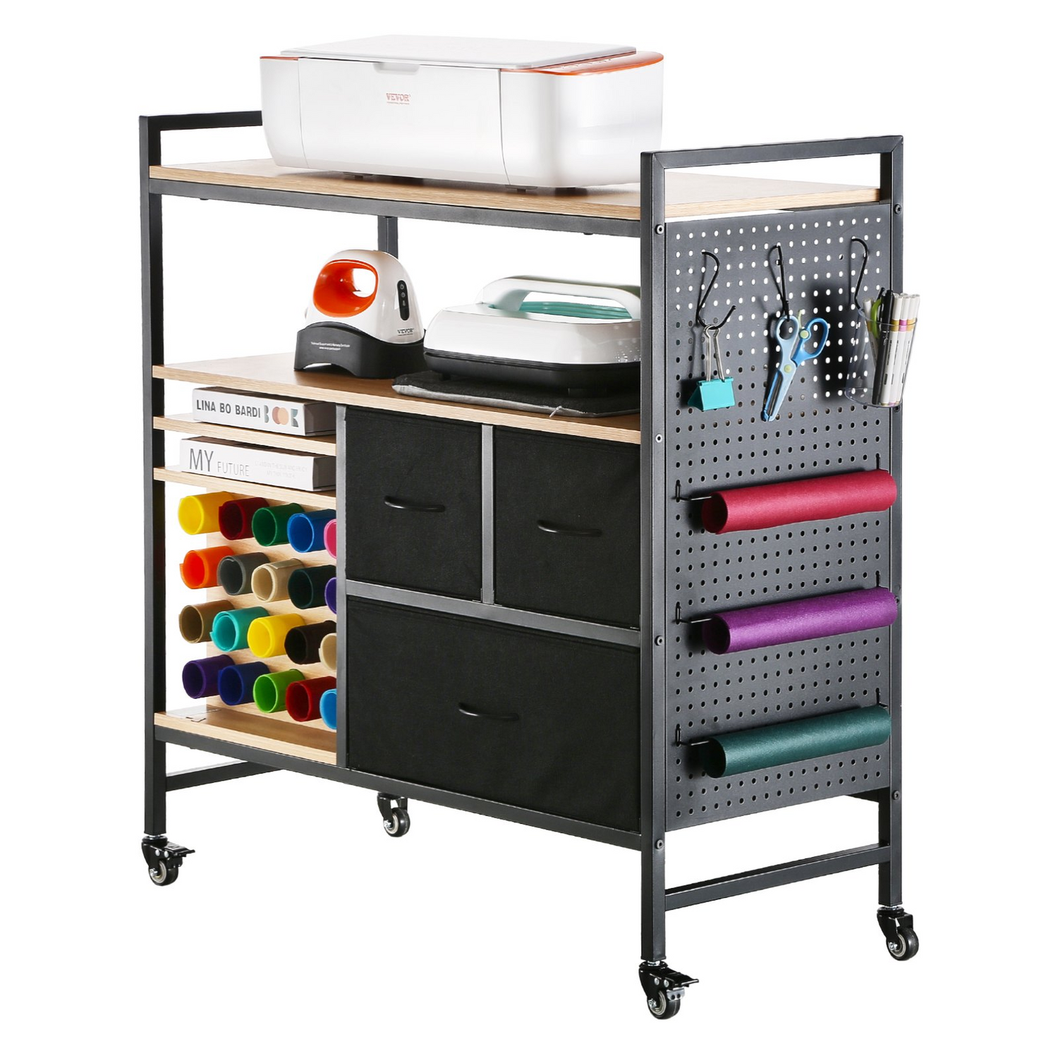Start2Finish VEVOR rolling craft cart with black finish, 20 vinyl roll holders, 3 drawers, designed for Cricut machine organization.