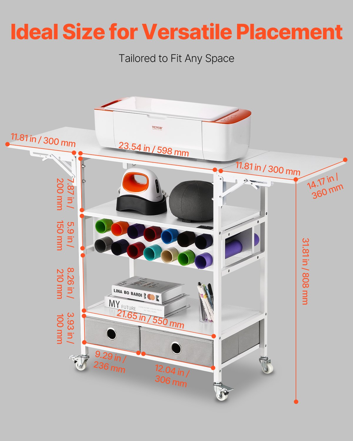 Start2Finish VEVOR rolling craft cart with foldable sides, vinyl roll holders, and drawers, designed for Cricut machine storage and organization.