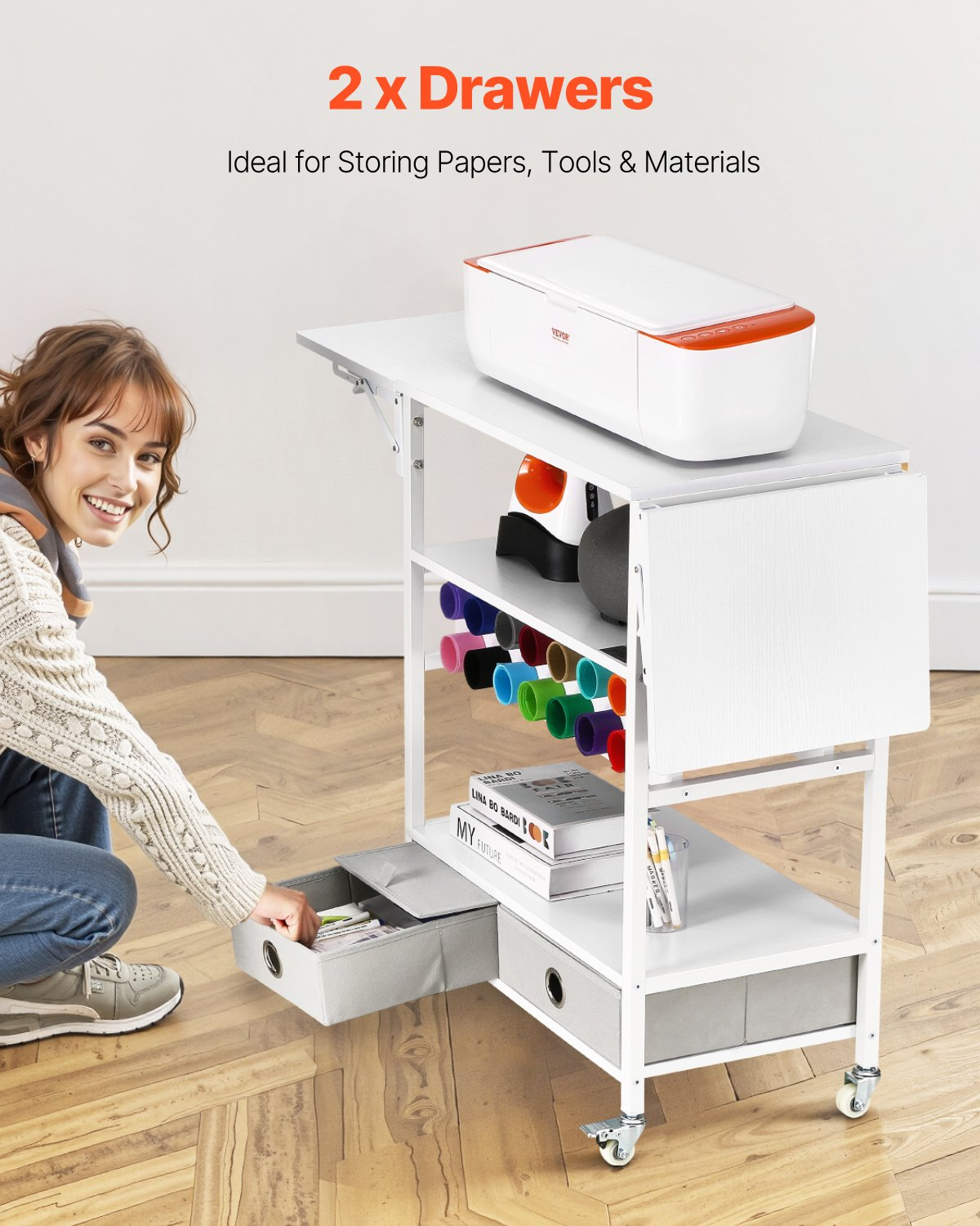 Start2Finish VEVOR rolling craft cart with foldable sides, vinyl roll holders, and drawers, ideal for Cricut machine storage and organization.