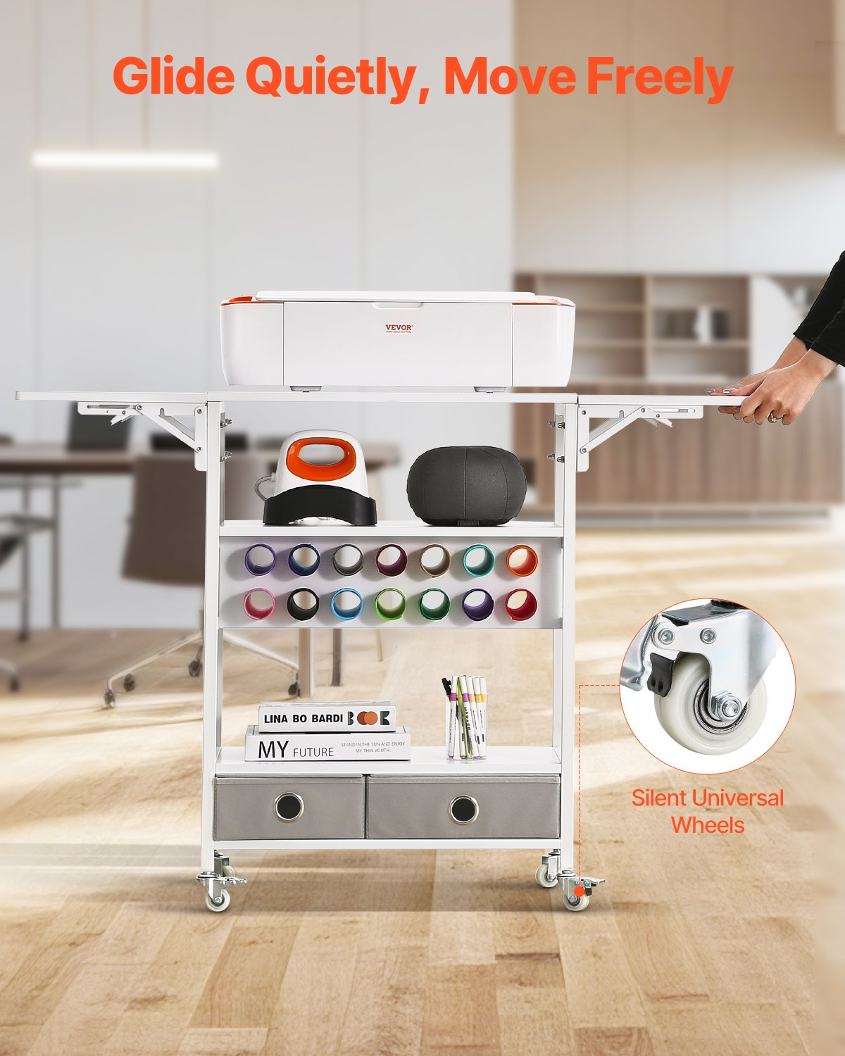 Start2Finish VEVOR rolling craft cart with foldable sides, vinyl roll holders, and drawers, designed for Cricut machine storage and organization.