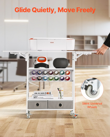 Start2Finish VEVOR rolling craft cart with foldable sides, vinyl roll holders, and drawers, designed for Cricut machine storage and organization.