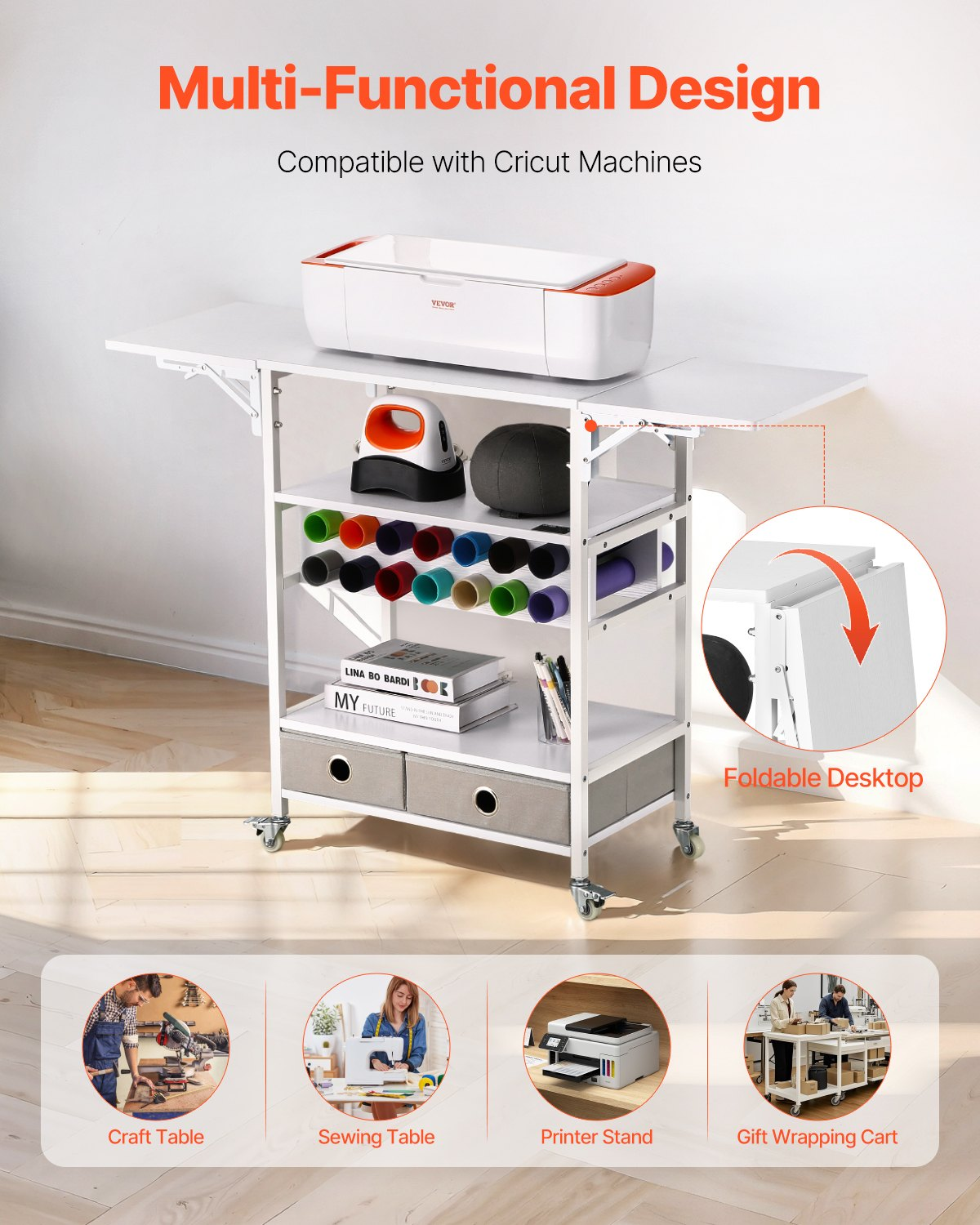Start2Finish VEVOR rolling craft cart with foldable sides, vinyl roll holders, and drawers for Cricut machine storage and organization.