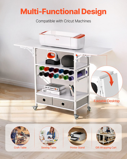 Start2Finish VEVOR rolling craft cart with foldable sides, vinyl roll holders, and drawers for Cricut machine storage and organization.