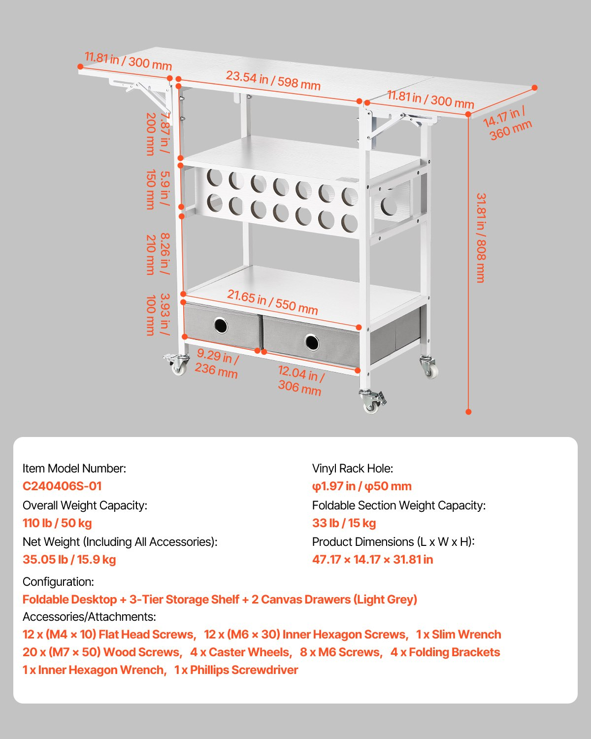 Start2Finish VEVOR rolling craft cart with foldable sides, 14 vinyl roll holders, and 2 drawers for Cricut machine storage and organization.