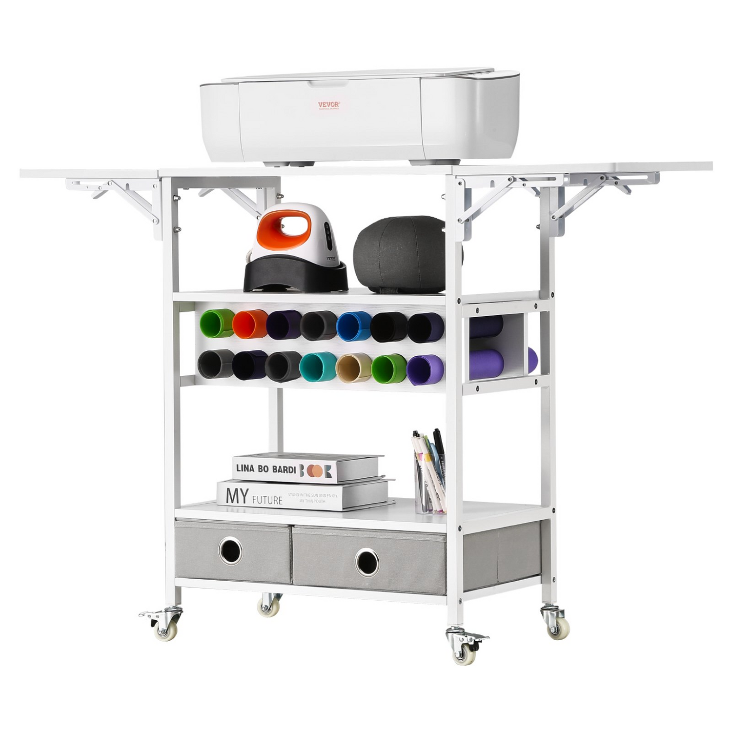 Start2Finish VEVOR rolling craft cart with foldable sides, vinyl roll holders, and storage drawers for Cricut machine organization.