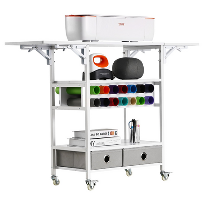Start2Finish VEVOR rolling craft cart with foldable sides, vinyl roll holders, and drawers, designed for Cricut machines and craft storage.