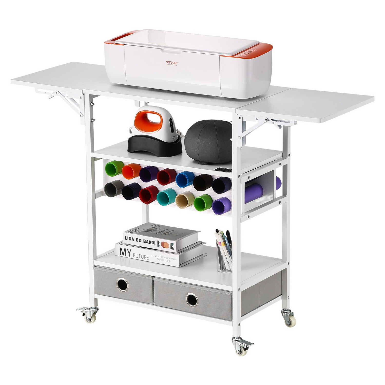 Start2Finish VEVOR rolling craft cart with foldable sides, vinyl roll holders, and drawers, designed for Cricut machines and craft storage.