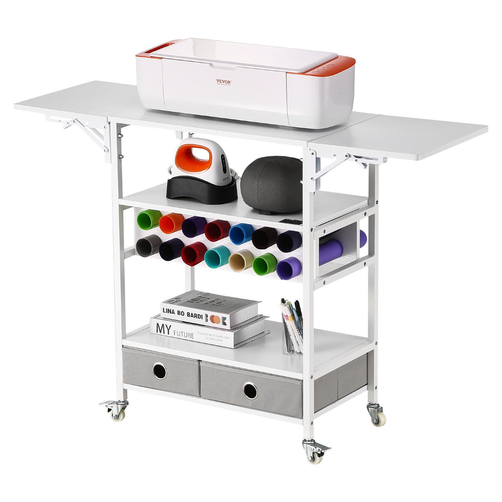 Start2Finish VEVOR rolling craft cart with foldable sides, vinyl roll holders, and drawers, designed for Cricut machines and craft storage.
