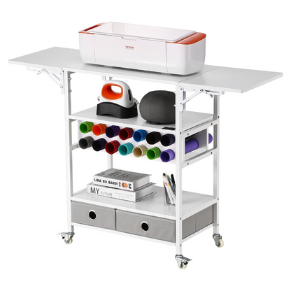 Start2Finish VEVOR rolling craft cart with foldable sides, vinyl roll holders, and drawers, designed for Cricut machines and craft storage.