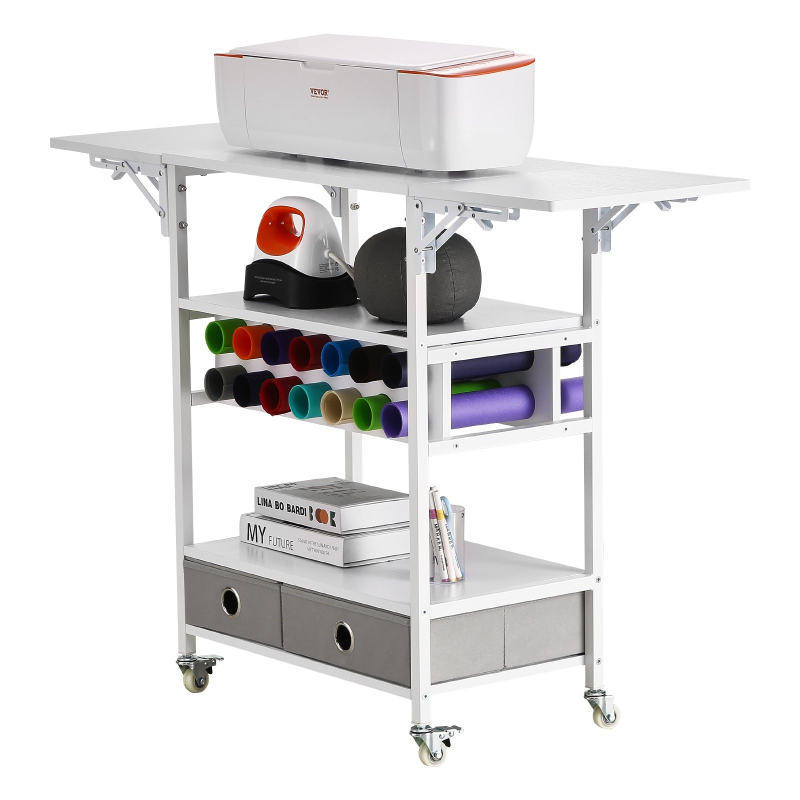 Start2Finish VEVOR rolling craft cart with foldable sides, vinyl roll holders, and storage drawers for Cricut machine organization.