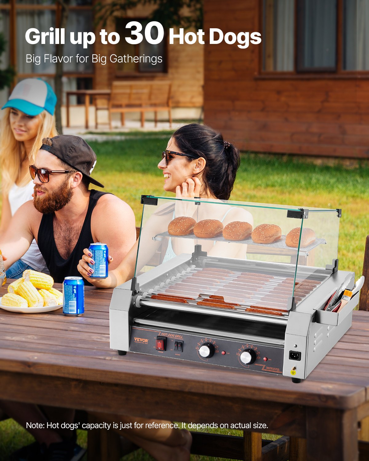 Start2Finish VEVOR Hot Dog Roller with 30 hot dog capacity, stainless steel sausage grill, dual temp control, cover, and side storage.
