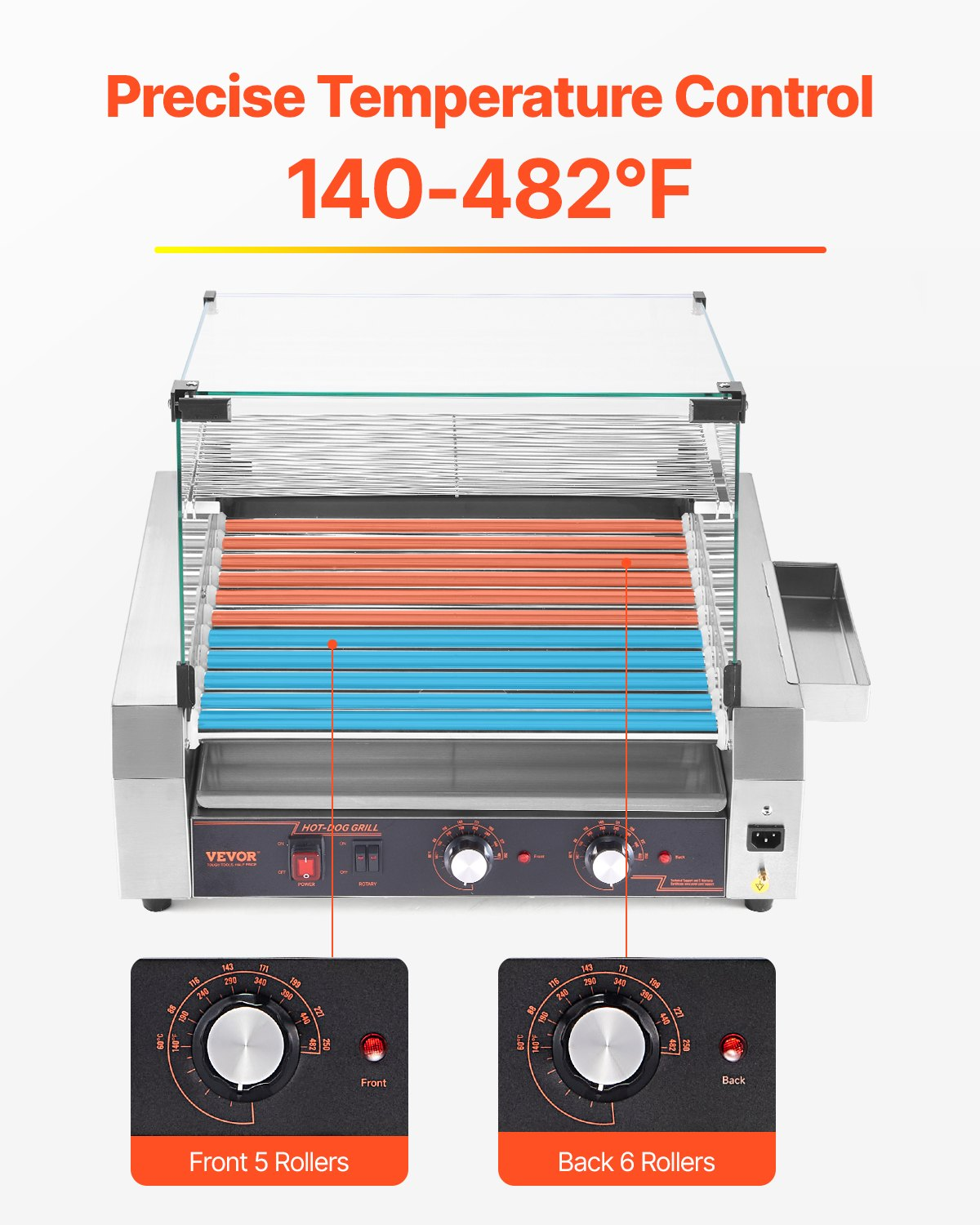 Start2Finish VEVOR hot dog roller grill with 30 hot dog capacity, stainless steel construction, dual temp control, cover, and storage.