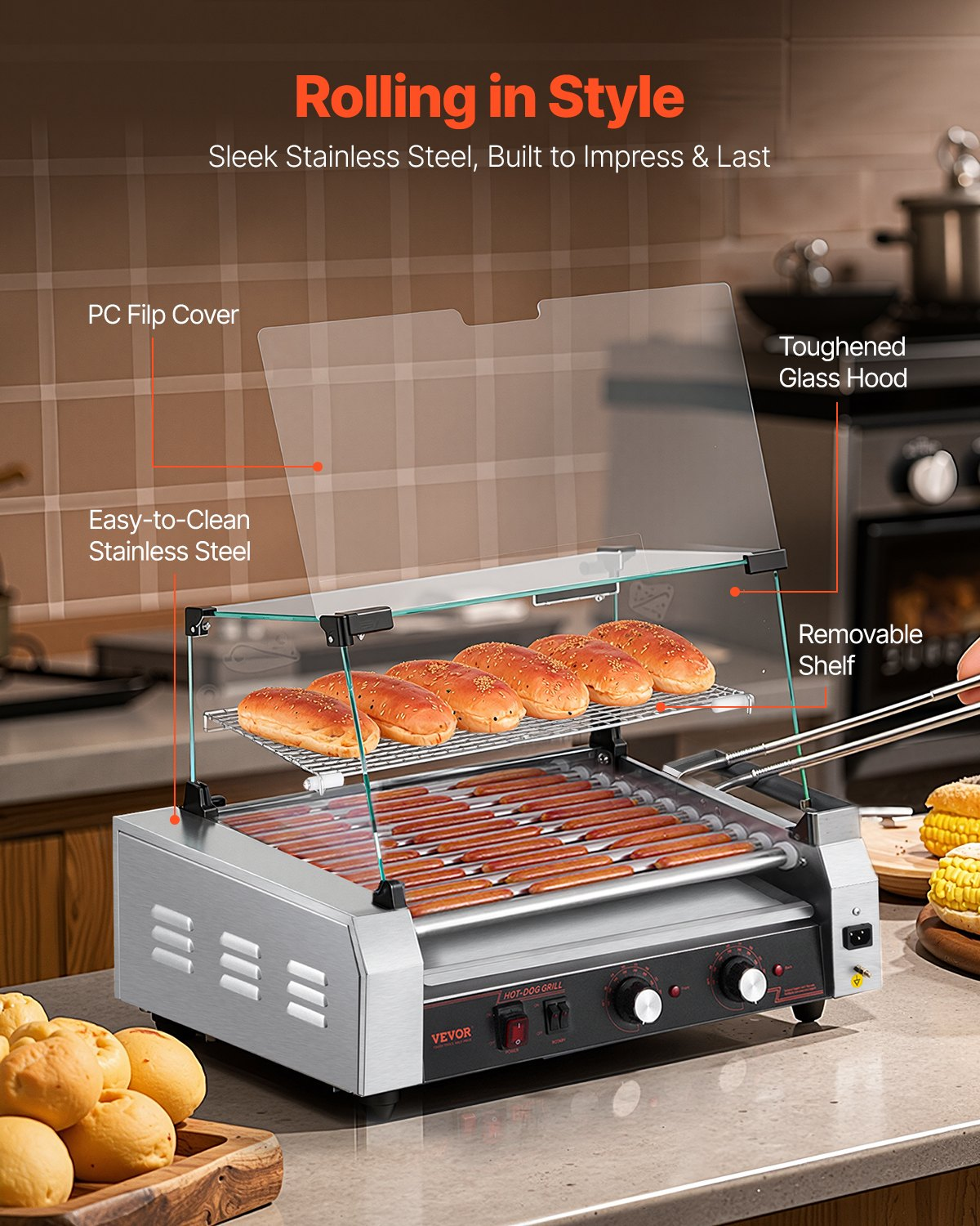 Start2Finish VEVOR hot dog roller grill with 11 stainless steel rollers, dual temp control, cover, side storage, and oil drip tray.