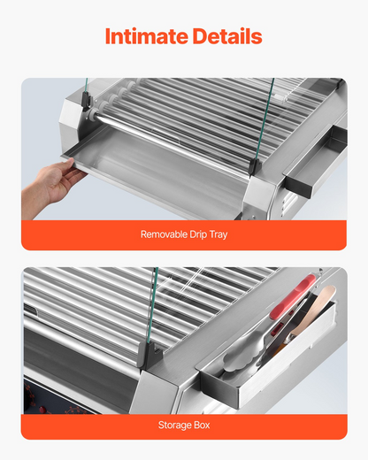 Start2Finish VEVOR hot dog roller grill with 11 stainless steel rollers, dual temp control, cover, side storage, and oil drip tray.
