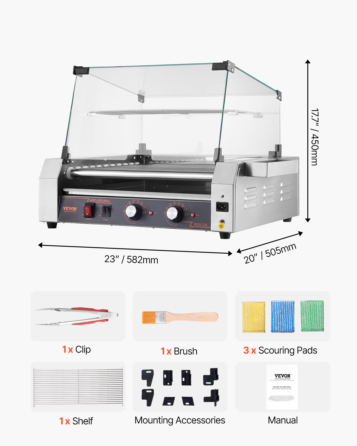 Start2Finish VEVOR hot dog roller grill with 11 stainless steel rollers, dual temp control, cover, side storage, and removable shelf.