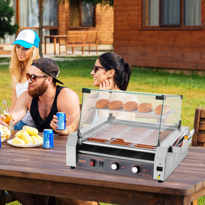 Start2Finish VEVOR hot dog roller grill with 30 hot dog capacity, stainless steel construction, dual temp control, and side storage.