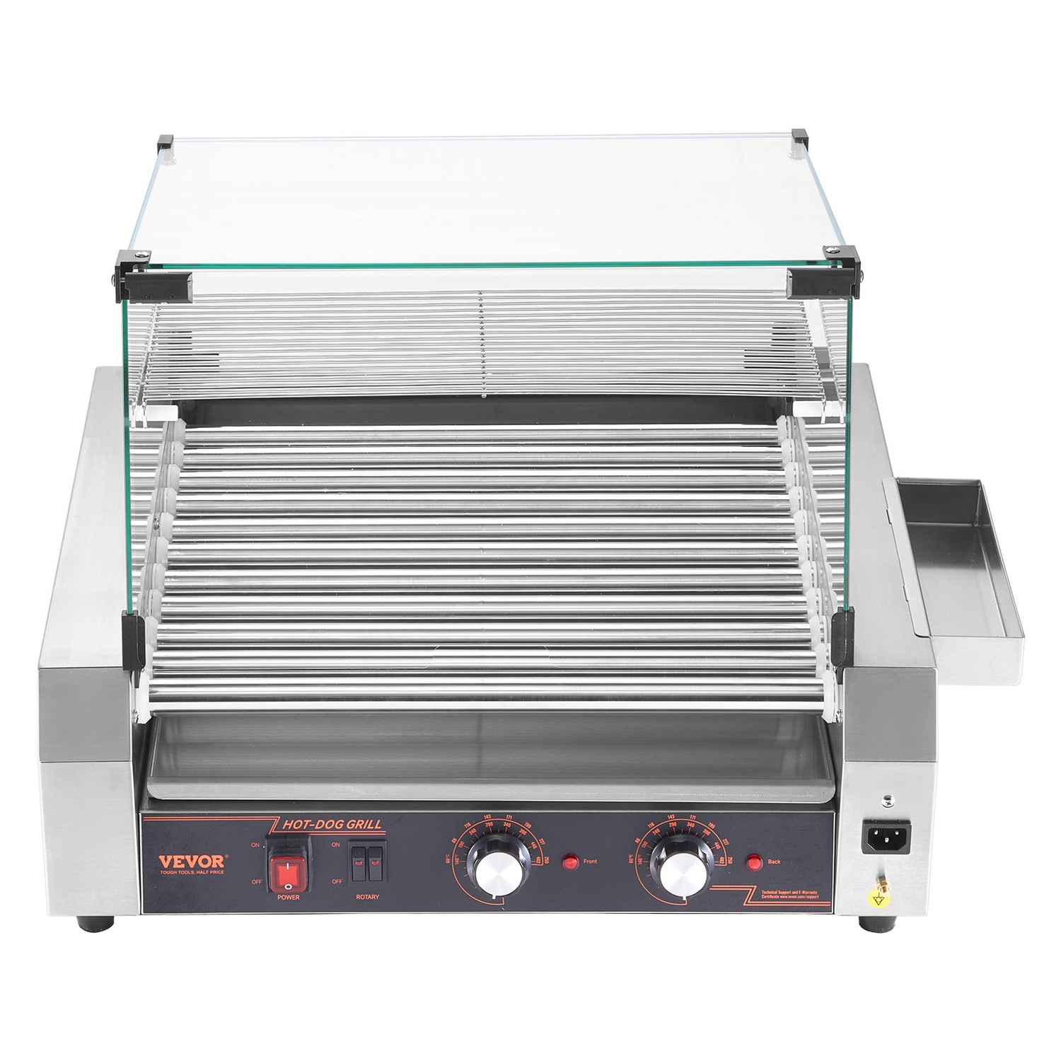 Start2Finish VEVOR hot dog roller grill with 11 stainless steel rollers, dual temp control, cover, side storage, and oil drip tray.