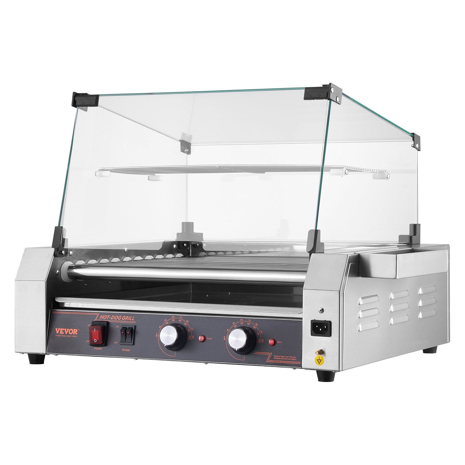 Start2Finish VEVOR hot dog roller grill with 11 stainless steel rollers, dual temperature control, cover, storage, and oil drip tray.