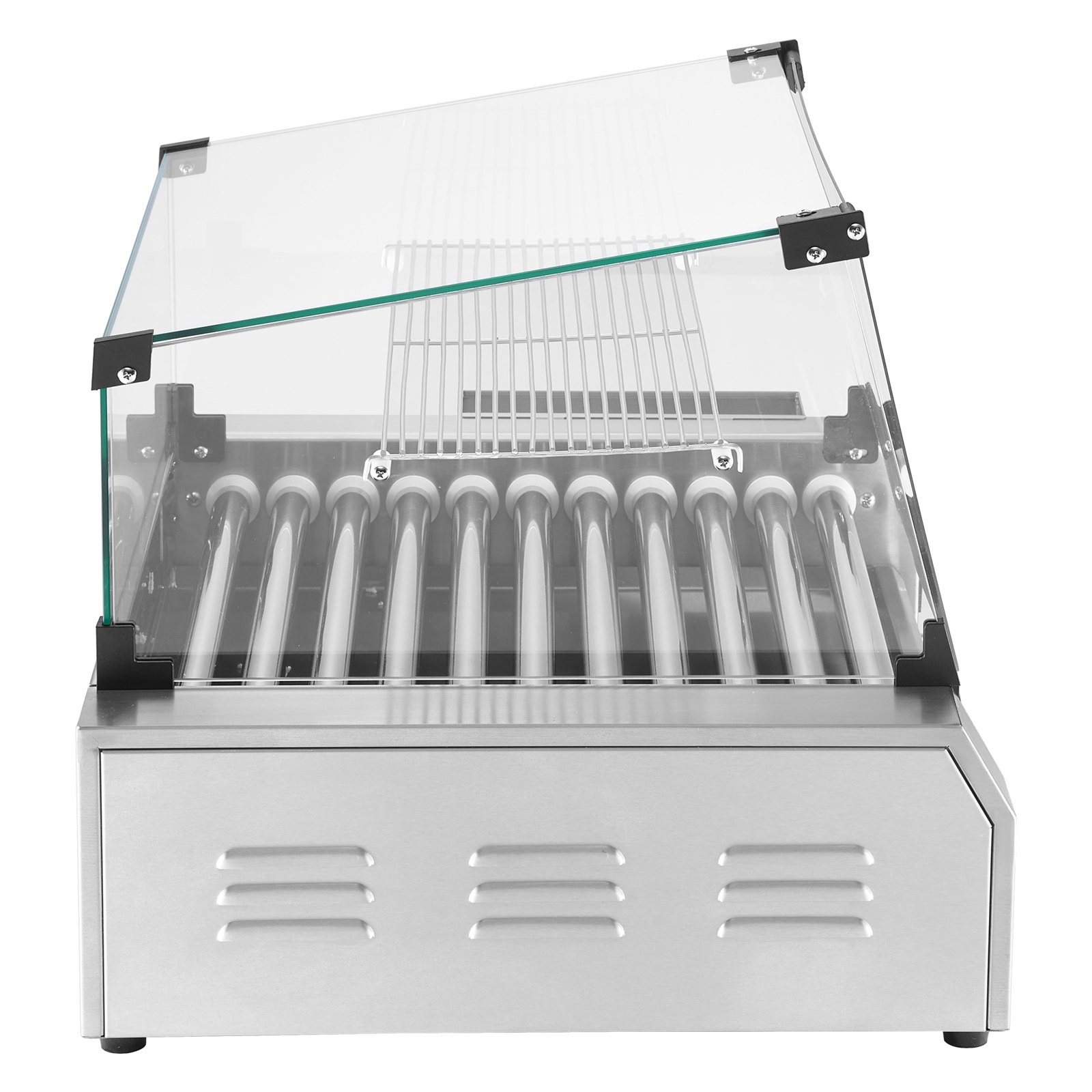 Start2Finish VEVOR Hot Dog Roller with 30 hot dog capacity, stainless steel sausage grill, dual temp control, cover, and side storage.