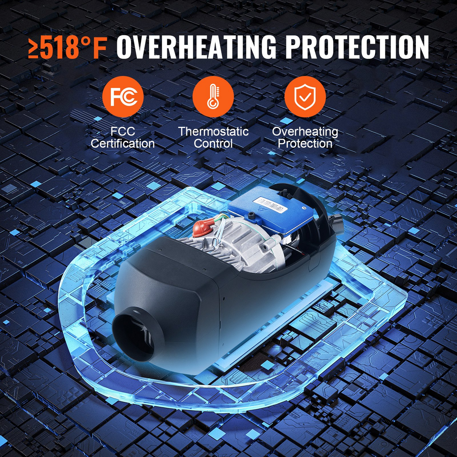 Start2Finish VEVOR 12V 8KW Bluetooth Diesel Air Heater with LCD display, remote control, and automatic altitude adjustment for RVs and boats.