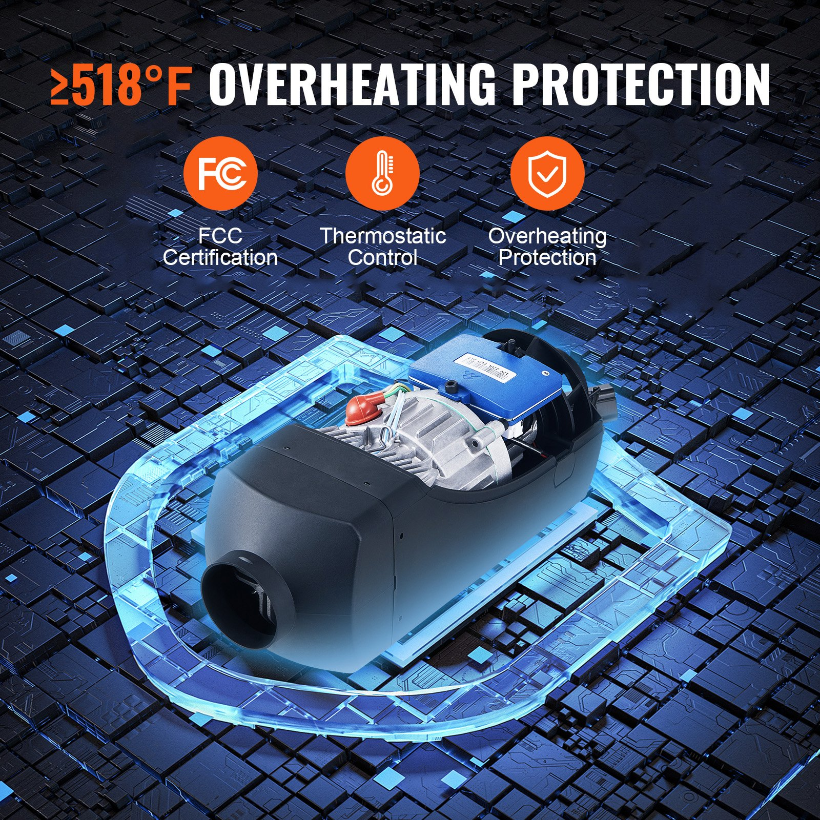 Start2Finish VEVOR 12V 8KW Bluetooth Diesel Air Heater with LCD display, remote control, and automatic altitude adjustment for RVs and boats.