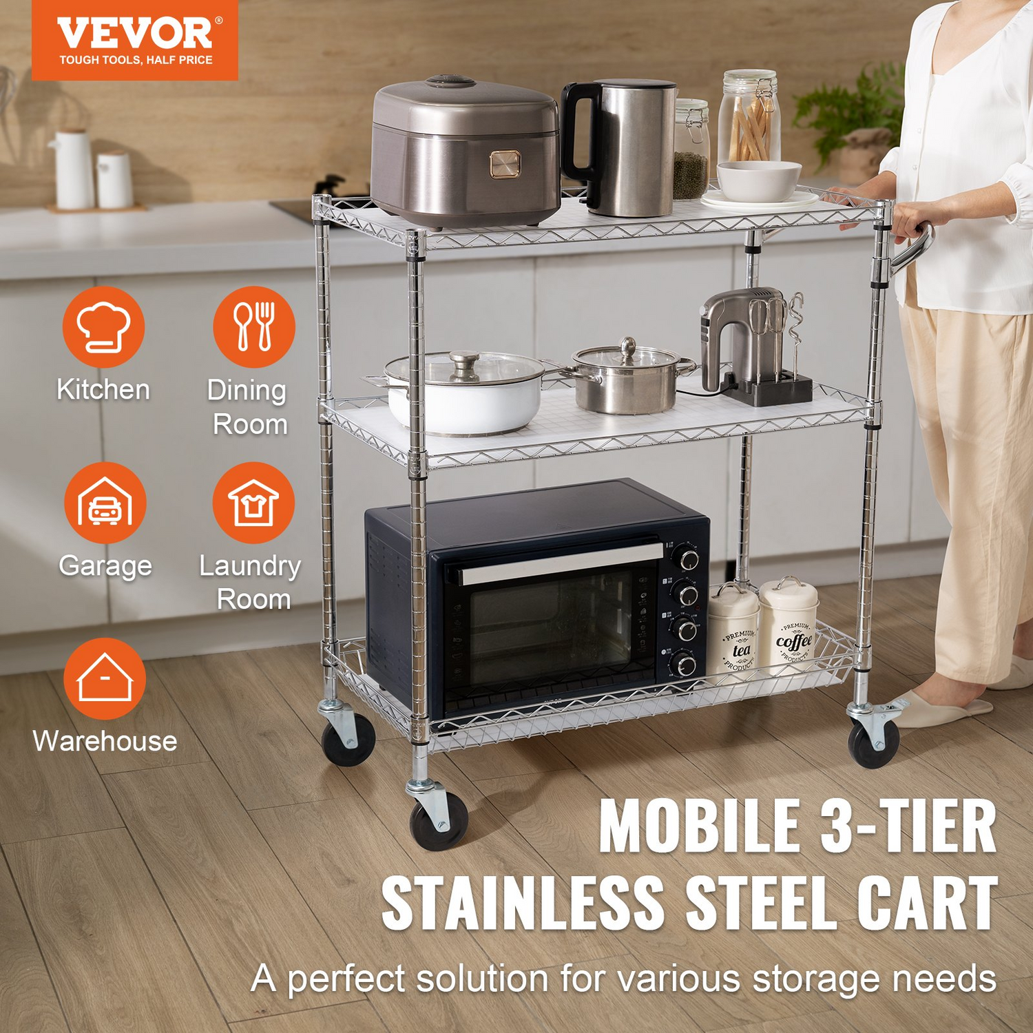Start2Finish VEVOR 3-tier steel kitchen utility cart with wire shelves, wheels, curved handle, hooks, and PP liner for indoor or outdoor use.
