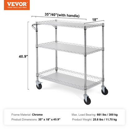 Start2Finish VEVOR kitchen utility cart with three wire tiers, steel frame, wheels, curved handle, basket, hooks, and PP liner.