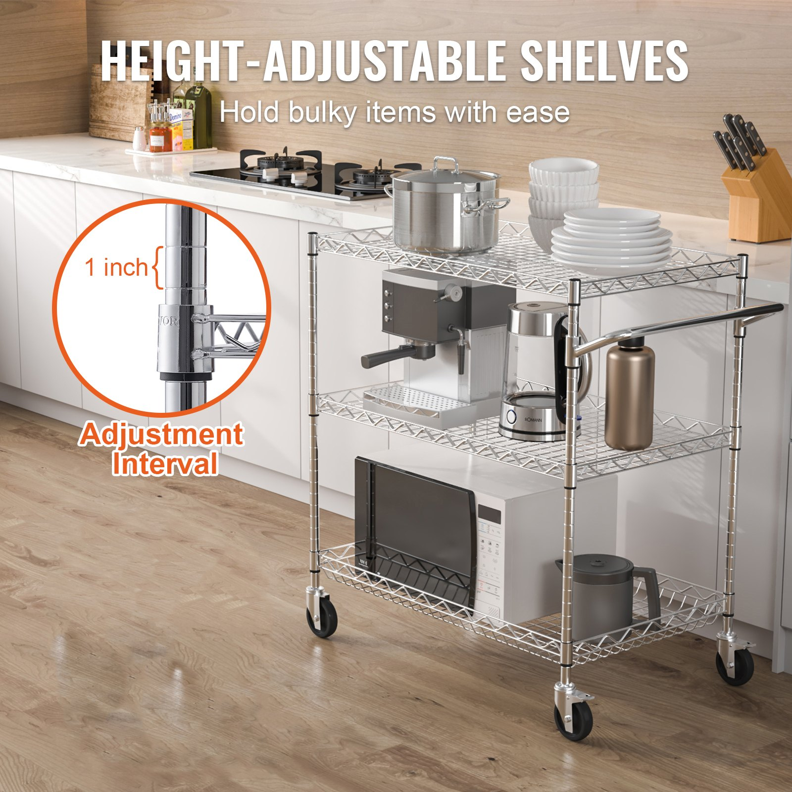 Start2Finish VEVOR kitchen utility cart with 3 wire tiers, steel frame, 80mm handle, hooks, and 661lbs capacity for indoor outdoor use.